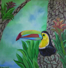 toucan, nest, tropical, bird, painting