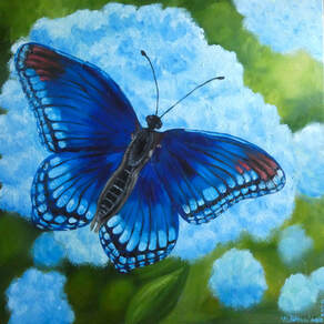 Butterfly, blue morpho, hydrangea, painting